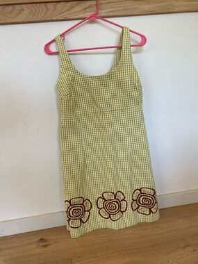 Sleeveless Green Gingham Dress with hand stamped Hem